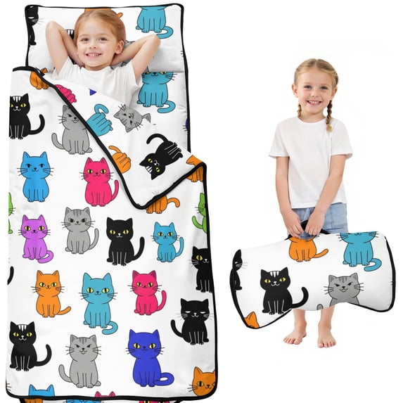 Multicolor Cat White Pattern Teens Toddler Nap Mat with Pillow, Sleeping Mat Bag for Preschool Daycare 50"x20"