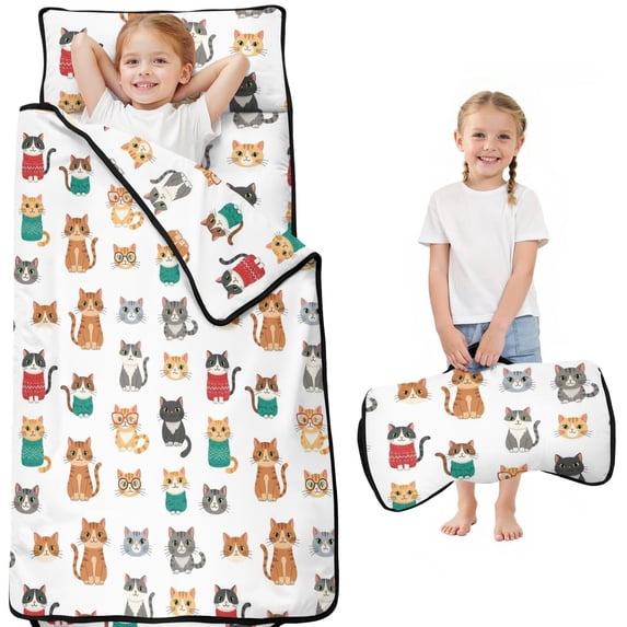 Multicolor Cat White Pattern Teens Toddler Nap Mat with Pillow, Sleeping Mat Bag for Preschool Daycare 51"x22"