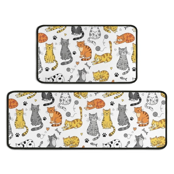 Multicolor Cat and Yarn White Pattern 2 Piece Kitchen Mat Set, Crystal ...