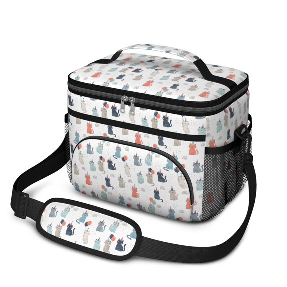 Multicolor Cat and Balloon White Pattern Insulated Lunch Box for Women Men, Medium Leakproof Cooler Bag with Adjustable Strap, 10"x6.7"x8"