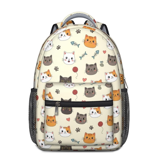 Multicolor Cat and Fishbone Beige Pattern Backpack for School, Cute School Bag with Adjustable Shoulder Straps and Padded Back, 15.3"x11"x6.7"
