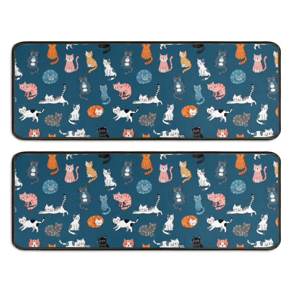 Multicolor Cat and Fishbowl Blue Anti Fatigue Kitchen Rugs Set Of 2, Non Slip Washable Decorative Floor Mats for Sink Laundry and Home Use, 17"x47"