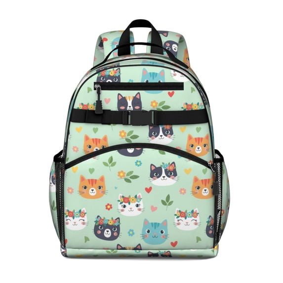 Multicolor Cat and Flower Green Pattern Cute School Backpack Bag for School with Padded Back and Adjustable Shoulder Straps 15.25"x11.5"x5.25"