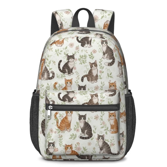Multicolor Cat and Flower White Pattern 17" Waterproof Oxford School Backpacks for Teens, S-Shape Padded Straps, for School, Travel, Hiking, Camping