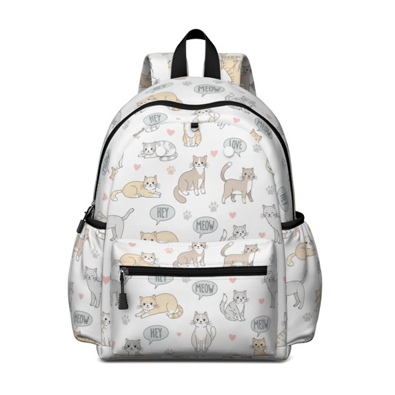 Multicolor Cat and Heart White Backpack for School, Cute School Bag with Adjustable Shoulder Straps and Padded Back, 13.4"x11"x4.7"