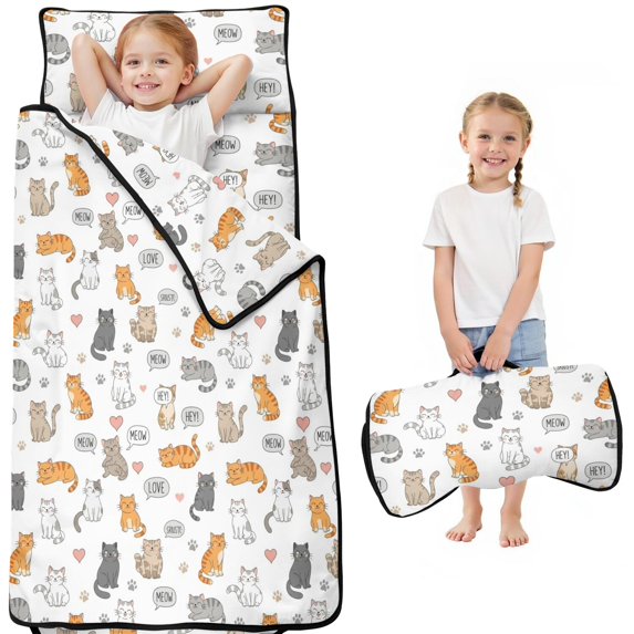 Multicolor Cat and Heart White Teens Toddler Nap Mat with Pillow, Sleeping Mat Bag for Preschool Daycare 51"x22"