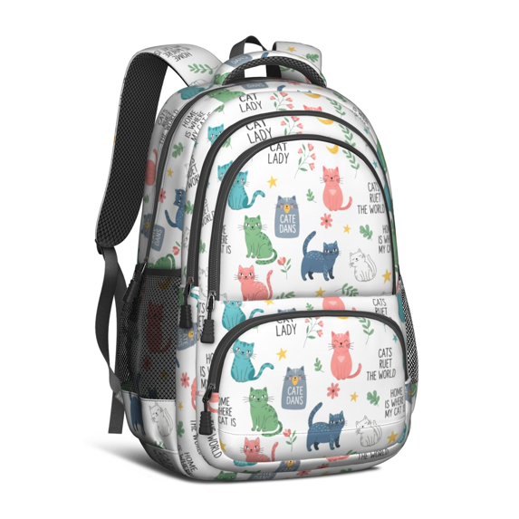 Multicolor Cat and Moon White Pattern Cute School Backpack Bag with Padded Back and Adjustable Shoulder Straps 16.9 X 12.6 X 5.9 Inches
