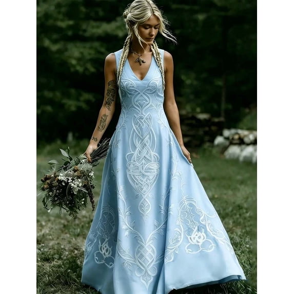 Multicolor Celtic Knot Embroidered V-Neck Sleeveless Maxi Dress
