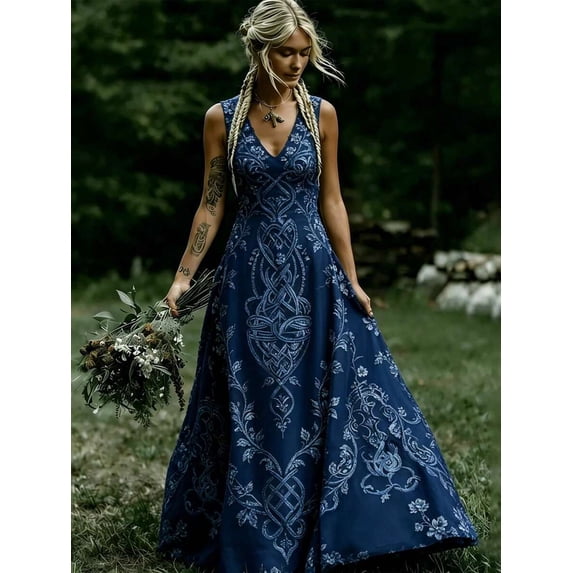 Multicolor Celtic Knot & Floral Print V-Neck Sleeveless Maxi Dress