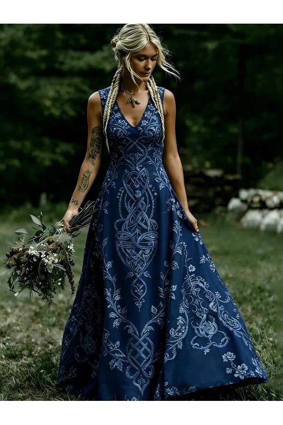 Multicolor Celtic Knot & Floral Print V-Neck Sleeveless Maxi Dress