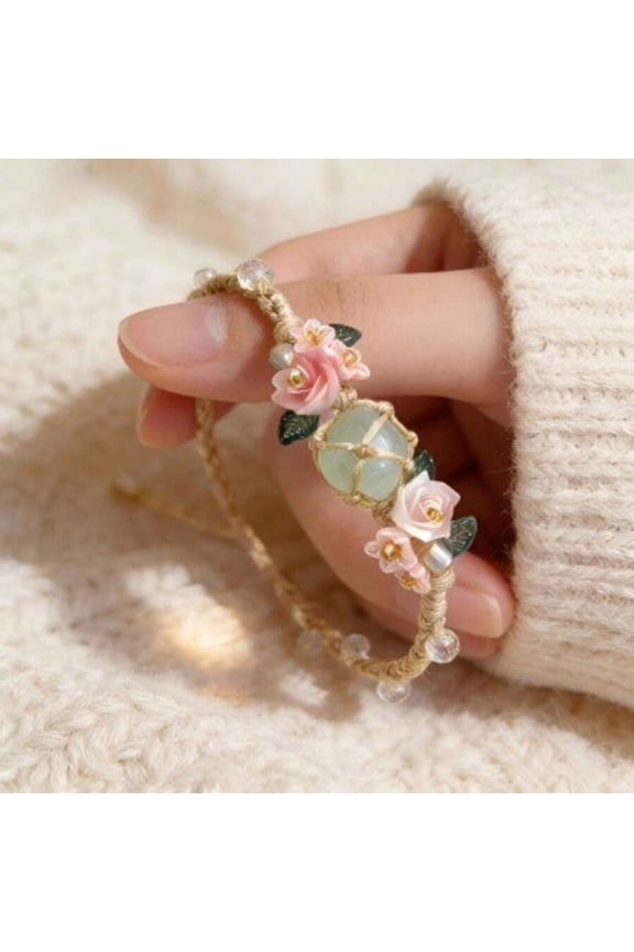 Multicolor Ceramic Floral Cord Bracelet With Jade-Like Stone And Pearl Beads, Boho Adjustable Design