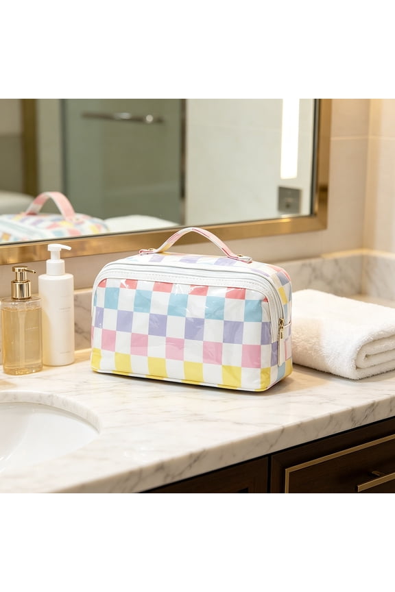 Multicolor Checkered PVC Cosmetic Bag 9.65×5.12×4.72in, Large Capacity Waterproof Transparent Handheld Toiletry Storage Bag for Travel Makeup Skincare Organizing