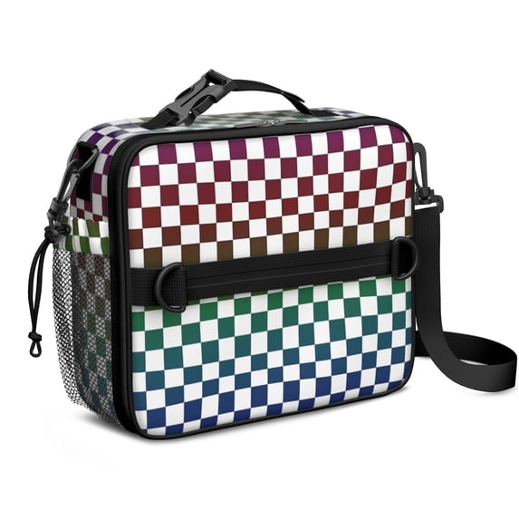 Multicolor Checkered Pattern Insulated Lunch Bag with Shoulder Strap and Bottle Holder,Bento School Lunch Bag Box,11x9.5x3.5 Inches