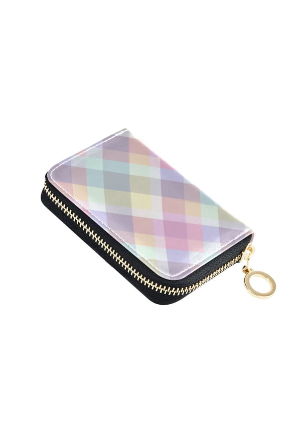 Multicolor Checkered Pattern Women's Credit Card Holder PU Leather Zipper Wallet RFID Blocking