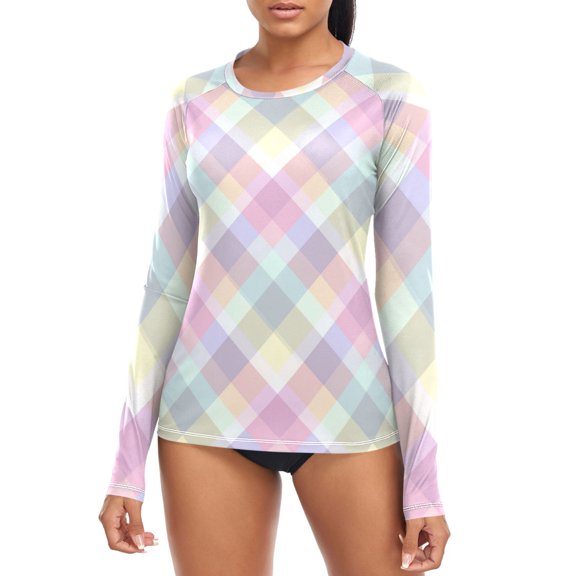 Multicolor Checkered Pattern Women's Rash Guard Shirts UPF 50+ Sun Protection Clothing Long Sleeve Swim Suits L