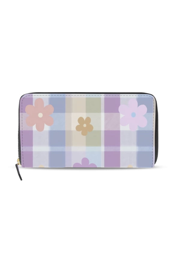 Multicolor Checkered Pattern with Small Flowers Women's Long Zipper Wallet Bifold Clutch Purse PU Leather Card Cases