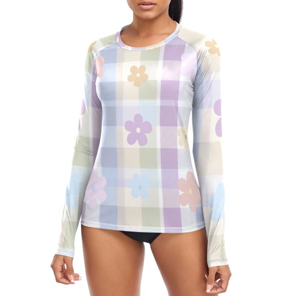 Multicolor Checkered Pattern with Small Flowers Women's Rash Guard Shirts UPF 50+ Sun Protection Clothing Long Sleeve Swim Suits M