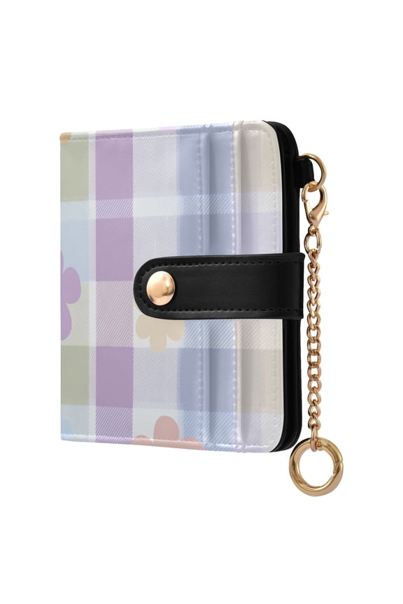 Multicolor Checkered Pattern with Small Flowers Women's Wallet PU Leather Card Cases RFID Blocking Purse Billfold with Key Ring