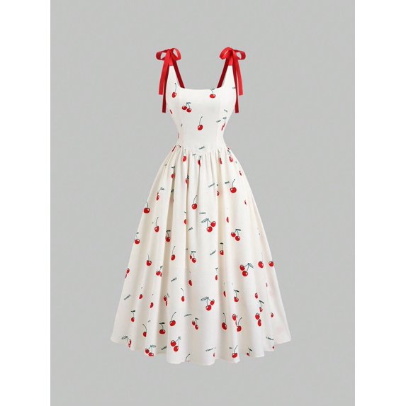 Multicolor Cherry Print A-Line Dress With Bow Straps, Summer Cute Princess Style