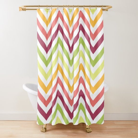 Multicolor Chevron Zigzag Shower Curtain, 100% Polyester, Coral Pink, Mustard Yellow, Lime Green and Burgundy, 71X74IN