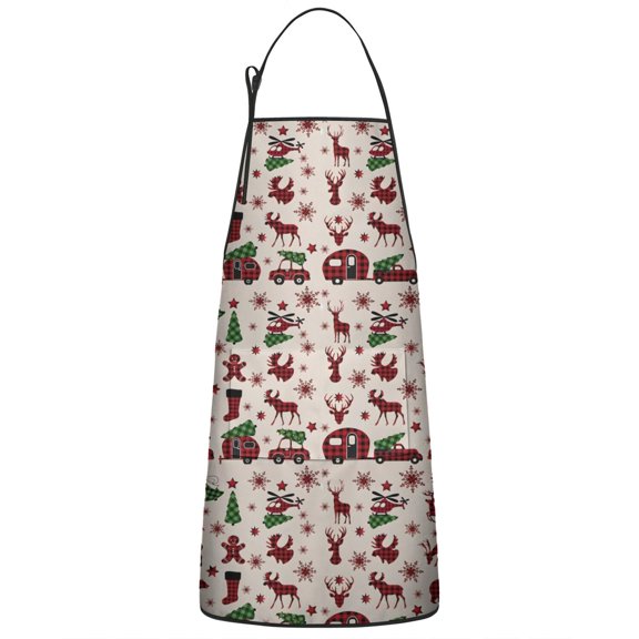 Multicolor Christmas Camping Pattern Apron-Garden Aprons for Women with Pockets-Cotton Linen Waterproof Kitchen Cooking Gardening Aprons Adjustable for Kitchen,Cooking,BBQ and Salon 33"x27"