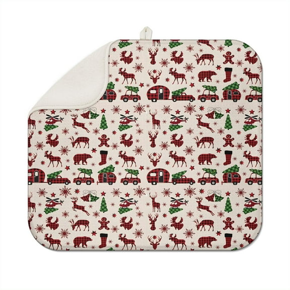 Multicolor Christmas Camping Pattern Dish Drying Mat for Kitchen 1 Pack, Ultra Absorbent Microfiber Dishes Drainer Mats,16x18in(41x46cm)