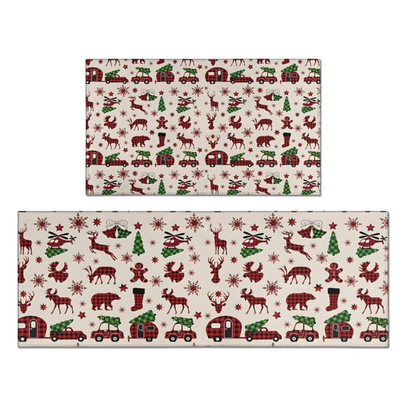 Multicolor Christmas Camping Pattern Kitchen Rugs Sets Of 2,Anti Fatigue Kitchen Mat Rugs Non Slip Washable,Decorative Kitchen Floor Mats for Kitchen,Sink,Laundry,17"x30"+17"x47"