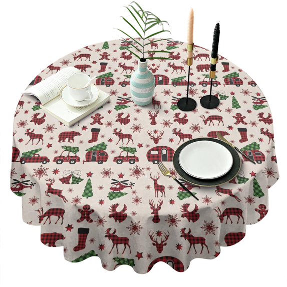 Multicolor Christmas Camping Pattern Round Tablecloth 60"x60",Wrinkle Wipeable Table Cloth for Kitchen Dining Room Picnic Patio Party