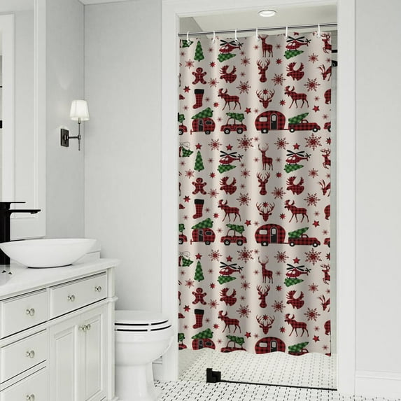 Multicolor Christmas Camping Pattern Shower Curtain 36"x72" ,Bathroom Decorative Shower Curtains Set with 12 Hooks,Modern Waterproof Washable Shower Curtain