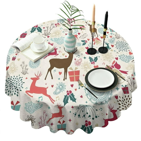 Multicolor Christmas Deer Pattern Round Tablecloth 60"x60",Wrinkle Wipeable Table Cloth for Kitchen Dining Room Picnic Patio Party