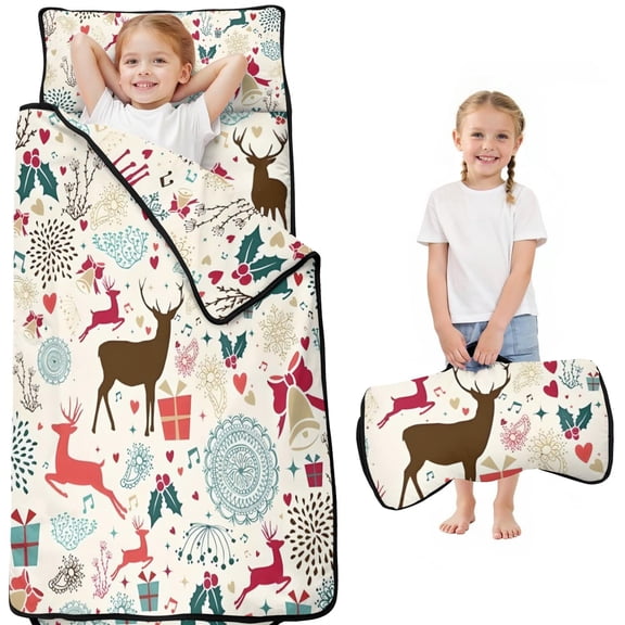 Multicolor Christmas Deer Pattern Toddler Nap Mats for Kids Preschool,51"x22" Sleeping Mat Bag or Kids,Toddler Sleeping Bag,Toddler Nap Mat or Daycare