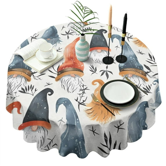 Multicolor Christmas Gnome Pattern Round Tablecloth 60"x60",Wrinkle Wipeable Table Cloth for Kitchen Dining Room Picnic Patio Party