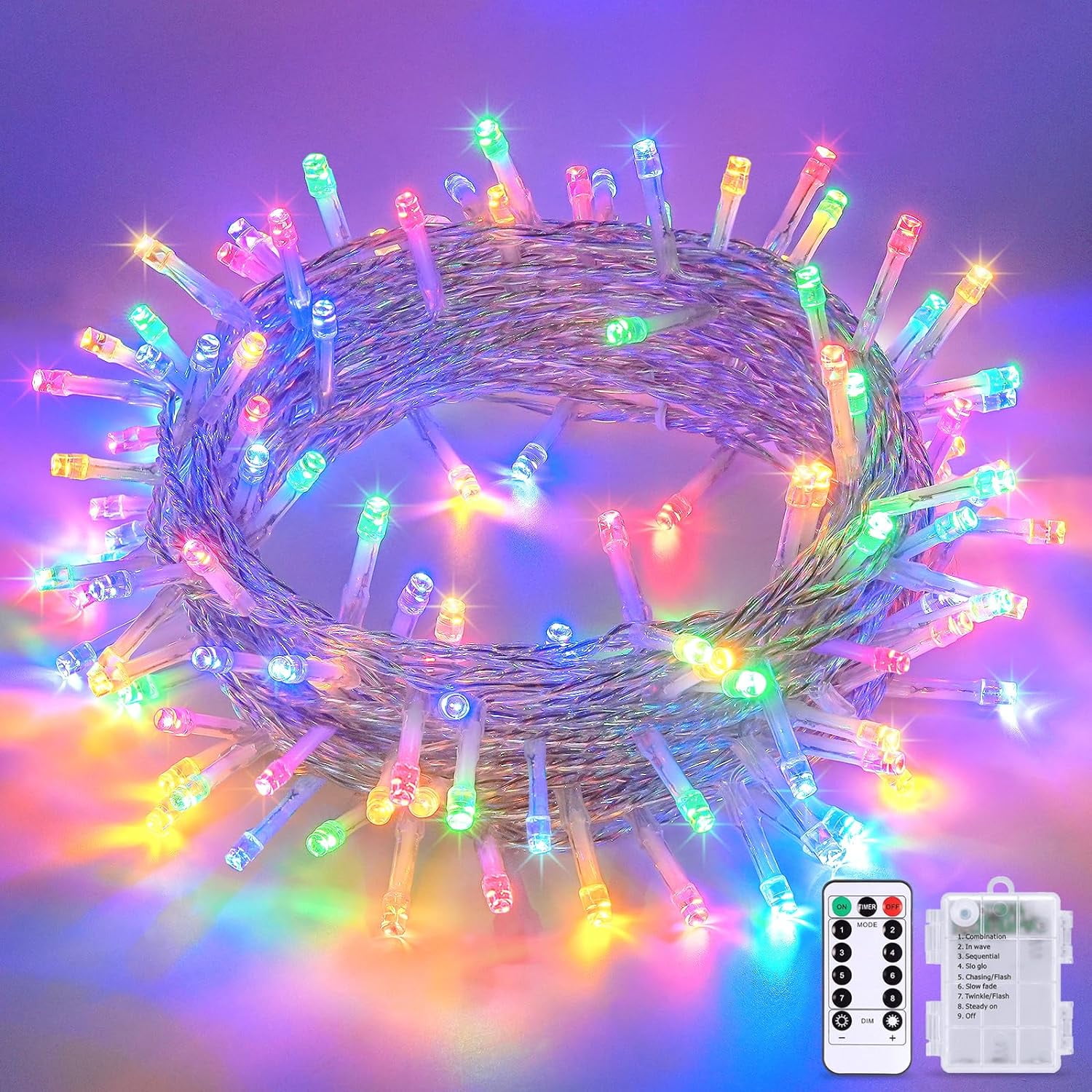 Multicolor Christmas Lights Battery Operated with 8 Modes Remote Waterproof, 33ft 100 LED Battery Christmas Lights Indoor Outdoor for Tree Home Party Room Garden Decor