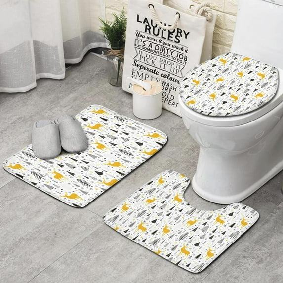 Multicolor Christmas Pattern Bathroom Rugs Sets 3 Piece,Toilet Cover Set,Absorbent Non Slip Bathroom Mats Sets with U-Shaped Contour Rug Toilet Rug Set
