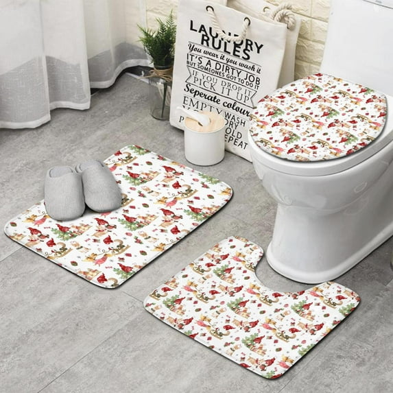 Multicolor Christmas Pattern Bathroom Rugs Sets 3 Piece,Toilet Cover Set,Absorbent Non Slip Bathroom Mats Sets with U-Shaped Contour Rug Toilet Rug Set