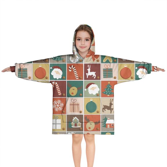 Multicolor Christmas Pattern Blanket Hoodies for Kids 6-13YR Oversize Wearable Blanket Hoodies for Boys Girls Teens