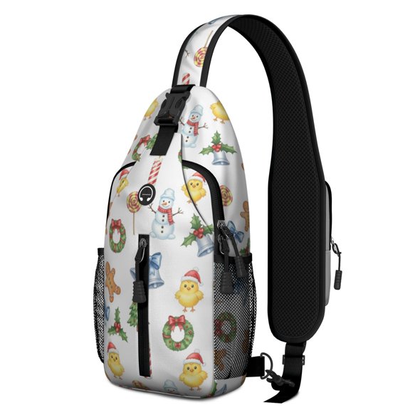 Multicolor Christmas Pattern Sling Backpack, Travel Shoulder Pack with Earphone Port, Multi Pocket Design Gift Ideas for Holiday Birthday Gifts