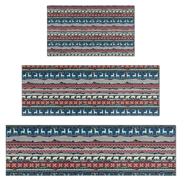 Multicolor Christmas Reindeer Pattern Kitchen Rugs Sets Of 3,Kitchen Runner Rugs Non Skid Washable,Decorative Kitchen Floor Mats for Kitchen,Sink,Laundry,17"x30"+ 17"x47" + 17"x59"