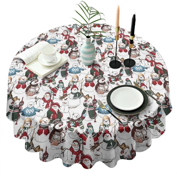 Multicolor Christmas Snowman Pattern Round Tablecloth 60"x60",Wrinkle Wipeable Table Cloth for Kitchen Dining Room Picnic Patio Party