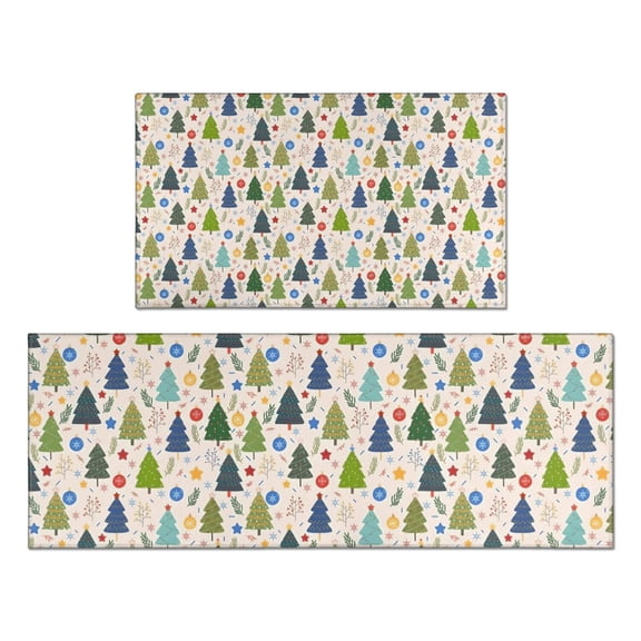 Multicolor Christmas Tree and Ornament Pattern Kitchen Rugs Sets Of 2,Anti Fatigue Kitchen Mat Rugs Non Slip Washable,Decorative Kitchen Floor Mats for Kitchen,Sink,Laundry,17"x30"+17"x47"