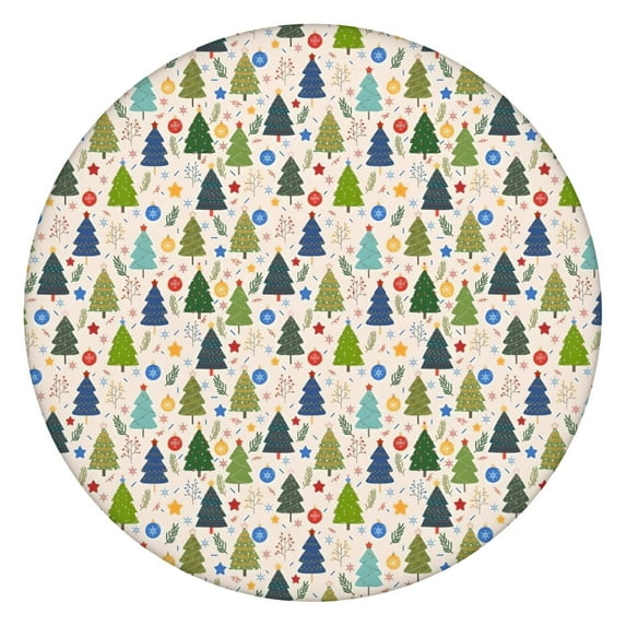 Multicolor Christmas Tree and Ornament Pattern Round Fitted Tablecloth with Elastic Edge,Dining Table Cover Waterproof,Outdoor Round Tablecloth for Camping,Dining,Indoor and Outdoor