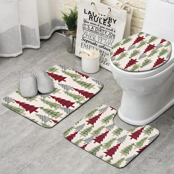 Multicolor Christmas Tree Pattern Bathroom Rugs Sets 3 Piece,Toilet Cover Set,Absorbent Non Slip Bathroom Mats Sets with U-Shaped Contour Rug Toilet Rug Set