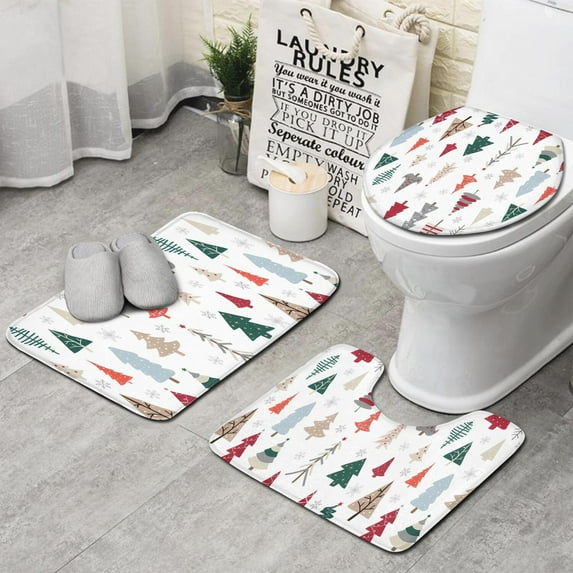 Multicolor Christmas Tree Pattern Bathroom Rugs Sets 3 Piece,Toilet Cover Set,Absorbent Non Slip Bathroom Mats Sets with U-Shaped Contour Rug Toilet Rug Set