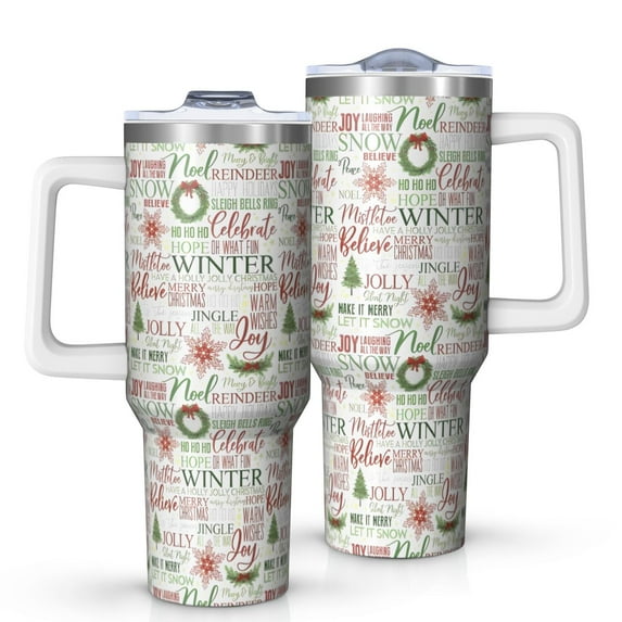 Multicolor Christmas Word Pattern Tumbler with Handle and Lid,40oz Double Wall Vacuum Insulated Tumbler,Cups Gift for Women and Men