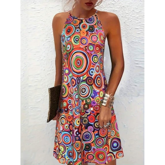 Multicolor Circle Pattern Halter Neck Midi Dress For Women, Casual Boho Summer Dress