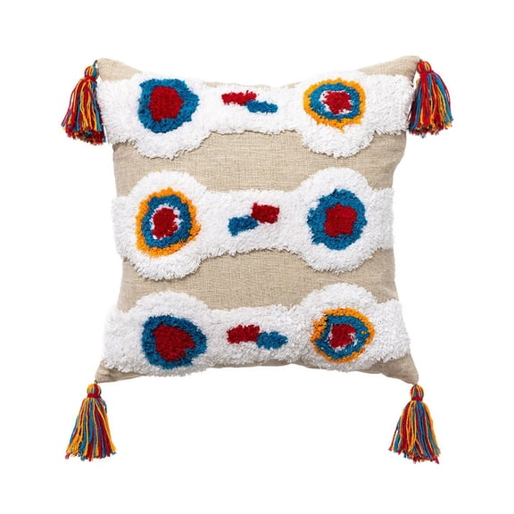 Multicolor Circle Tufted Throw Pillow for Case Ethnic Colorful Tassels Cushion C