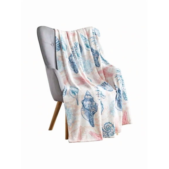 Multicolor Coastal Shell Print Throw Blanket: Soft Plush Fleece With Blues, Coral Pink & Cream For Sofa Chair Bed