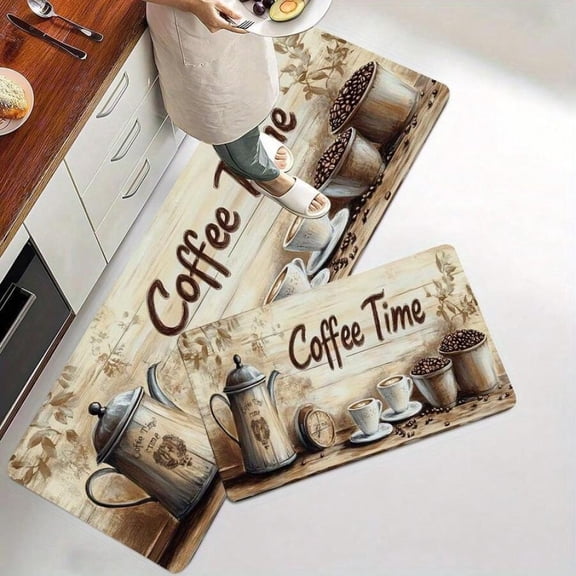 Multicolor Coffee-Themed Polyester Kitchen Mat Set | 2/3pcs, 0.4 Thick, Machine Washable, Non-Slip Backing