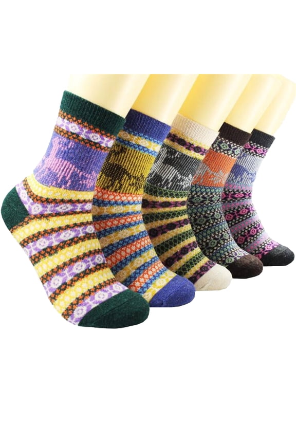 Multicolor Colorful Women Mid-Calf Wool Blend Socks Chunky Knit Color Block Design Warm Thermal Socks Barrel Height 6.30 Inch Base Length 8.27 Inch