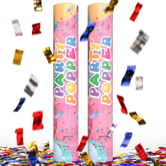 Multicolor Confetti Cannons Party Poppers – 2 Pack | 12" Compressed Air Shooters | Metallic Foil Confetti for Birthday, Wedding, Graduation, New Year Celebrations